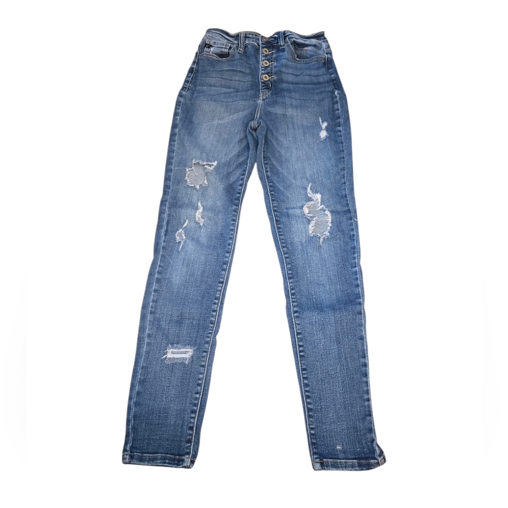 Kancan VBK1355R Blue Heavily Distressed Button Fly High Rise Skinny Jeans‎ Sz 28